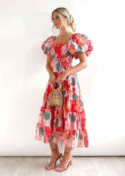 Dames Floral Puff Manche Midi Robe Chic und Stil
