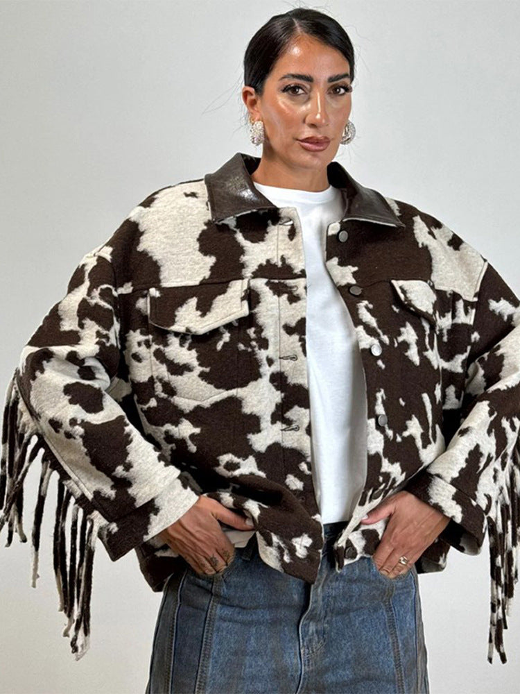 Fringed oversized jacket for women with cow print Chic and Style