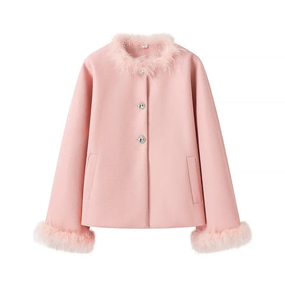 Dames élégante veste en laine avec col en peluche et poches pratiques Chic und Stil