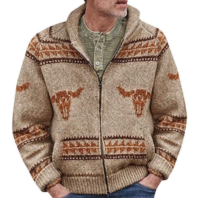 Sweater jacket for men with a unique Far West pattern and a warm lining Chic und Stil