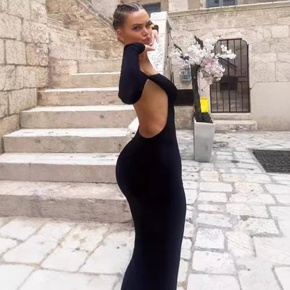 Dames Élégante robe longue avec design sans épaules et manches longues Chic und Stil