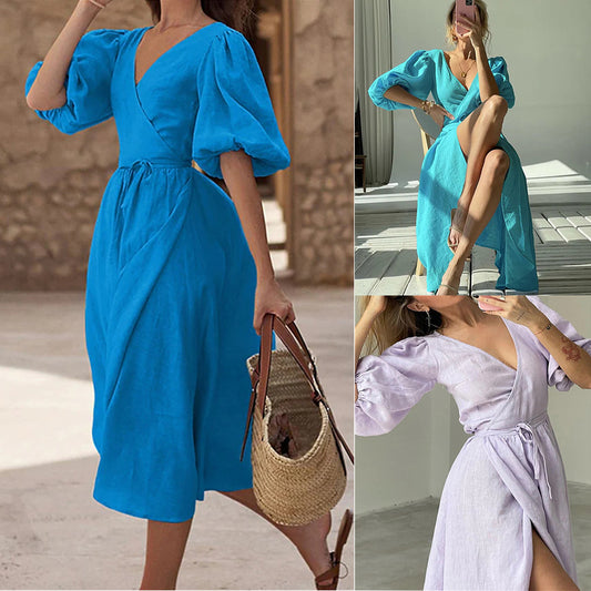 Robe maxi portefeuille pour femmes avec manches bouffantes et ceinture à nouer Chic und Stil