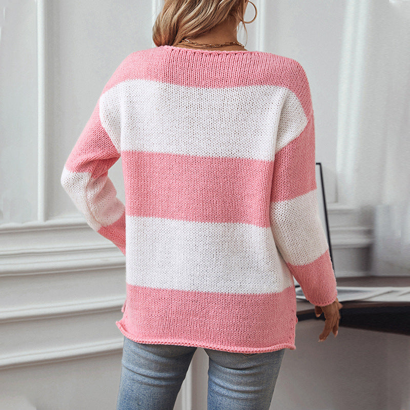 Pull en tricot décontracté à col en V pour femmes avec un large motif rayé Chic und Stil