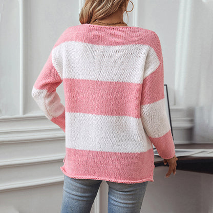 Pull en tricot décontracté à col en V pour femmes avec un large motif rayé Chic und Stil