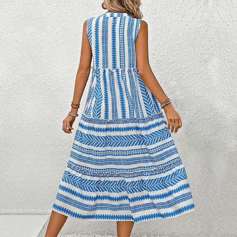 Robe mi-longue sans manches élégante pour femme avec imprimé géométrique et détails de bouton Chic und Stil