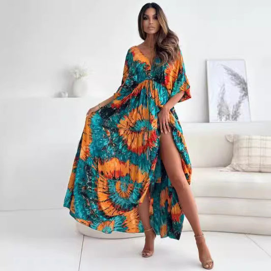 Robe maxi femme avec décolleté élégant au dos et manches volantées amples Chic und Stil