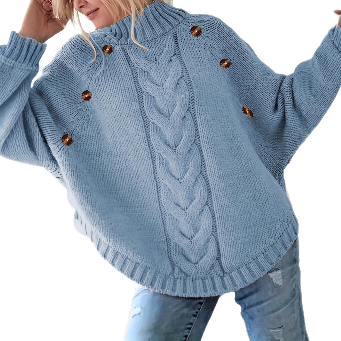 Dames gros pull en tricot avec col haut et détails de boutons Chic und Stil