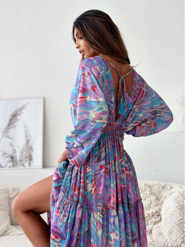 Robe maxi femme avec décolleté élégant au dos et manches volantées amples Chic und Stil