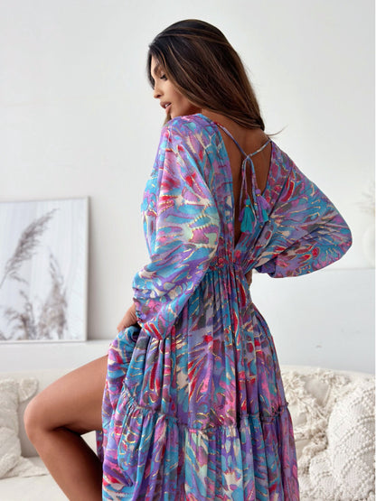 Robe maxi femme avec décolleté élégant au dos et manches volantées amples Chic und Stil