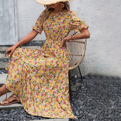 Robe maxi femme avec motifs floraux et bande de taille élastique Chic und Stil
