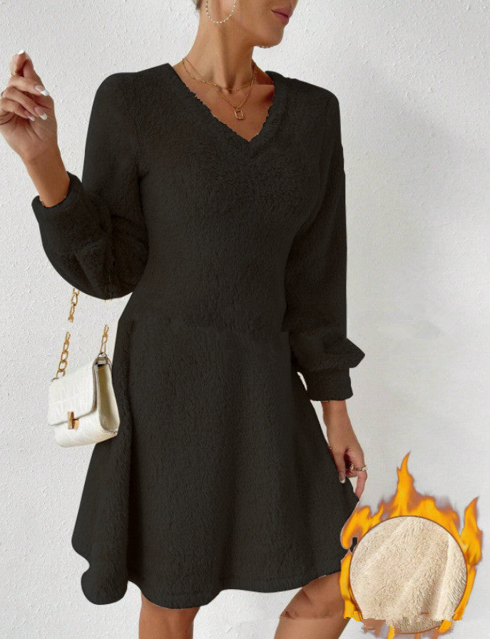 Dames Robe Douce à Col V avec Manches Longues Chic und Stil