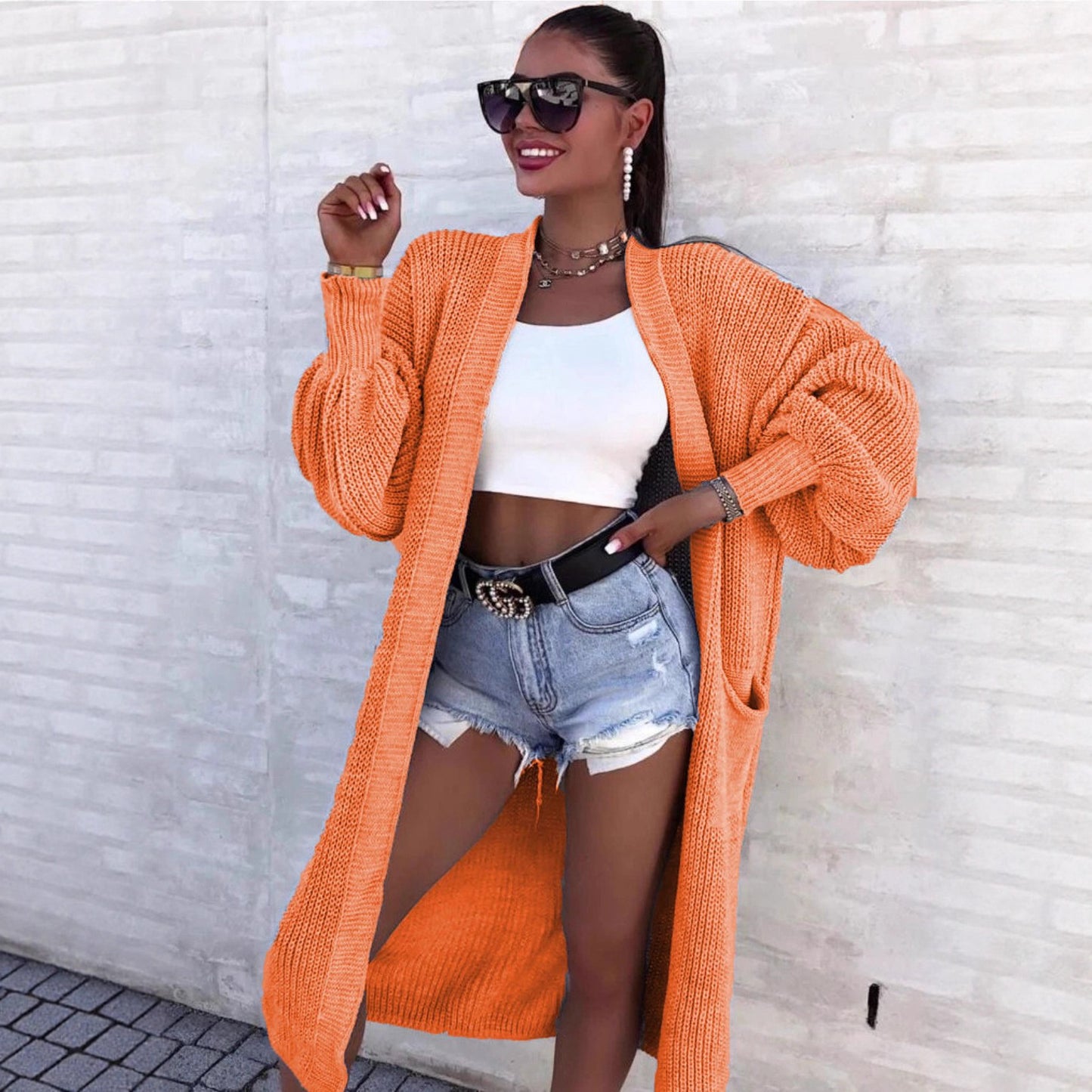 Dames carte tricot décontractée avec décolleté en V profond et poches généreuses Chic und Stil