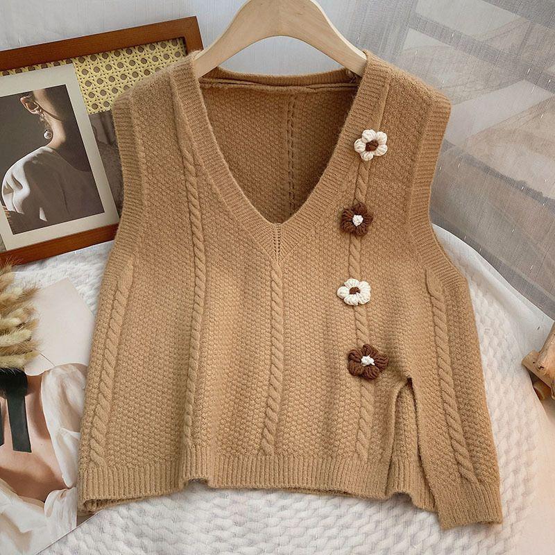Dames gros tricot gilet avec décolleté en V et accents floraux Chic und Stil