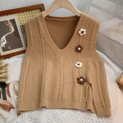 Dames gros tricot gilet avec décolleté en V et accents floraux Chic und Stil