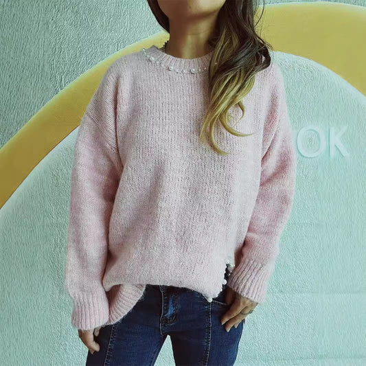 Pull en grosse maille pour femmes avec décolleté à perles et ourlet asymétrique Chic und Stil