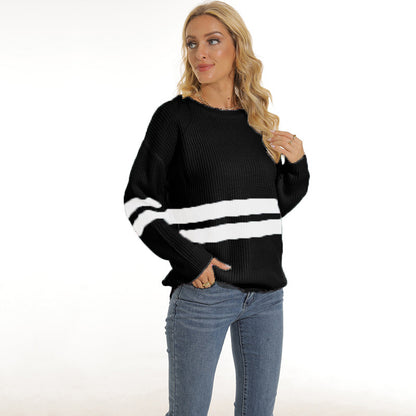 Chunky knit pullover for women with sporty striped pattern and relaxed fit Chic and Style