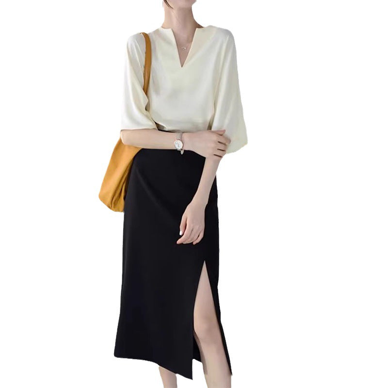 Blouse en soie pour femme à col en V avec des manches fluides Chic und Stil