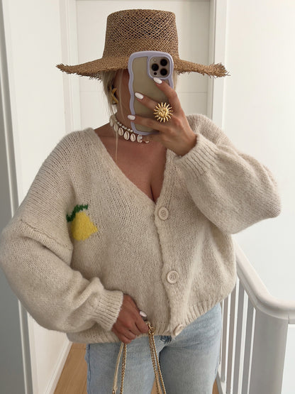 Cardigan à mailles épaisses pour femmes avec un motif de citron unique et une fermeture à boutons Chic und Stil