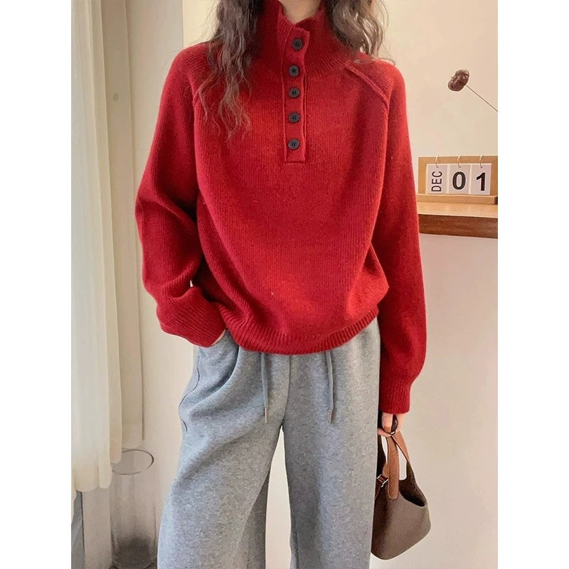 Pull en tricot décontracté pour femmes avec patte de boutons et col court Chic und Stil