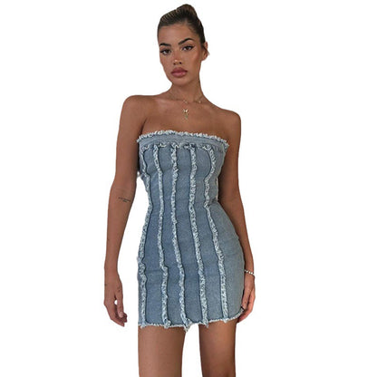 Robe crayon pour femmes au look denim avec fronces et volants Chic und Stil