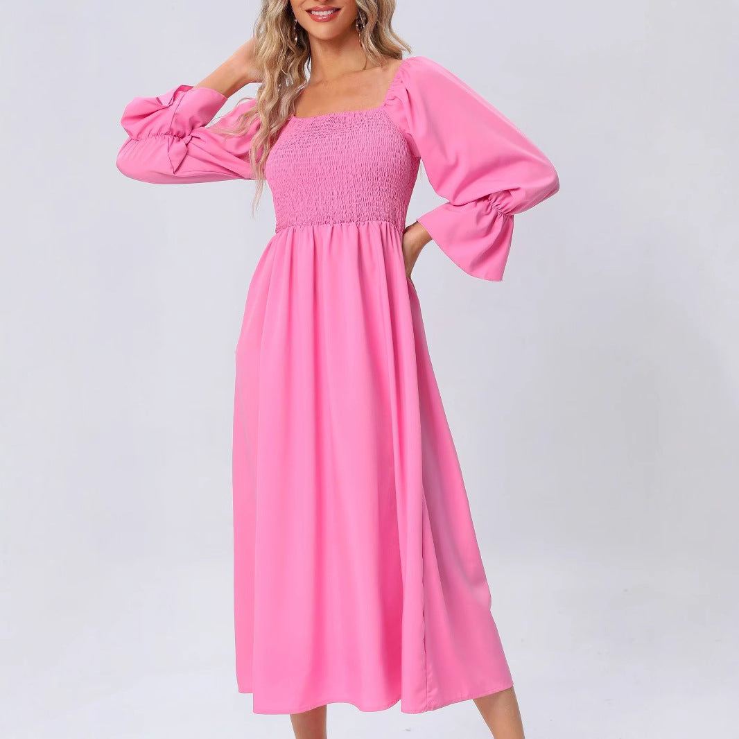 Robe midi pour dames avec des manches bouffantes élastiques et un cordon de taille romantique Chic und Stil