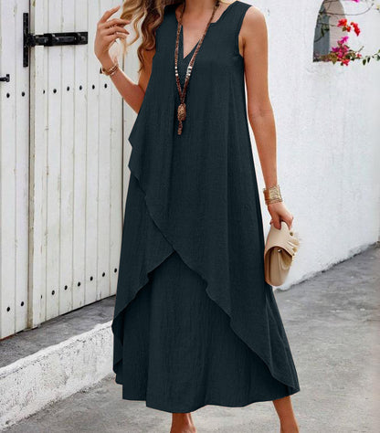 Robe maxi décontractée pour femmes avec volants superposés et décolleté en V moderne Chic und Stil