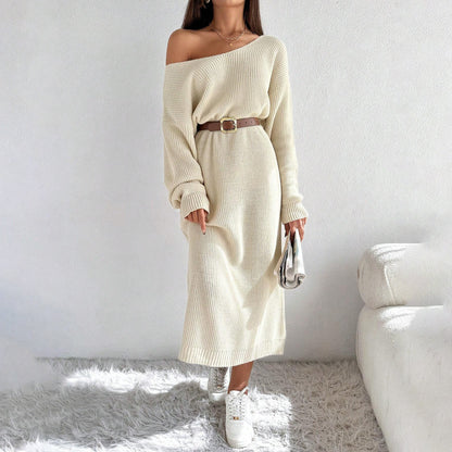 Robe en tricot décontractée pour femmes avec une coupe asymétrique et une ceinture élégante Chic und Stil