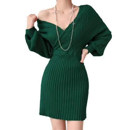 Dames Élégante robe en tricot avec décolleté en V et haut texturé Chic und Stil