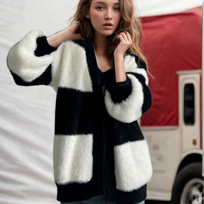 Dames Gros Tricot Cardigan avec motif rayé à la mode Chic und Stil