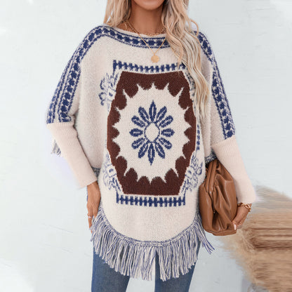 Dames élégant poncho en tricot avec motif artistique et finition à franges Chic und Stil