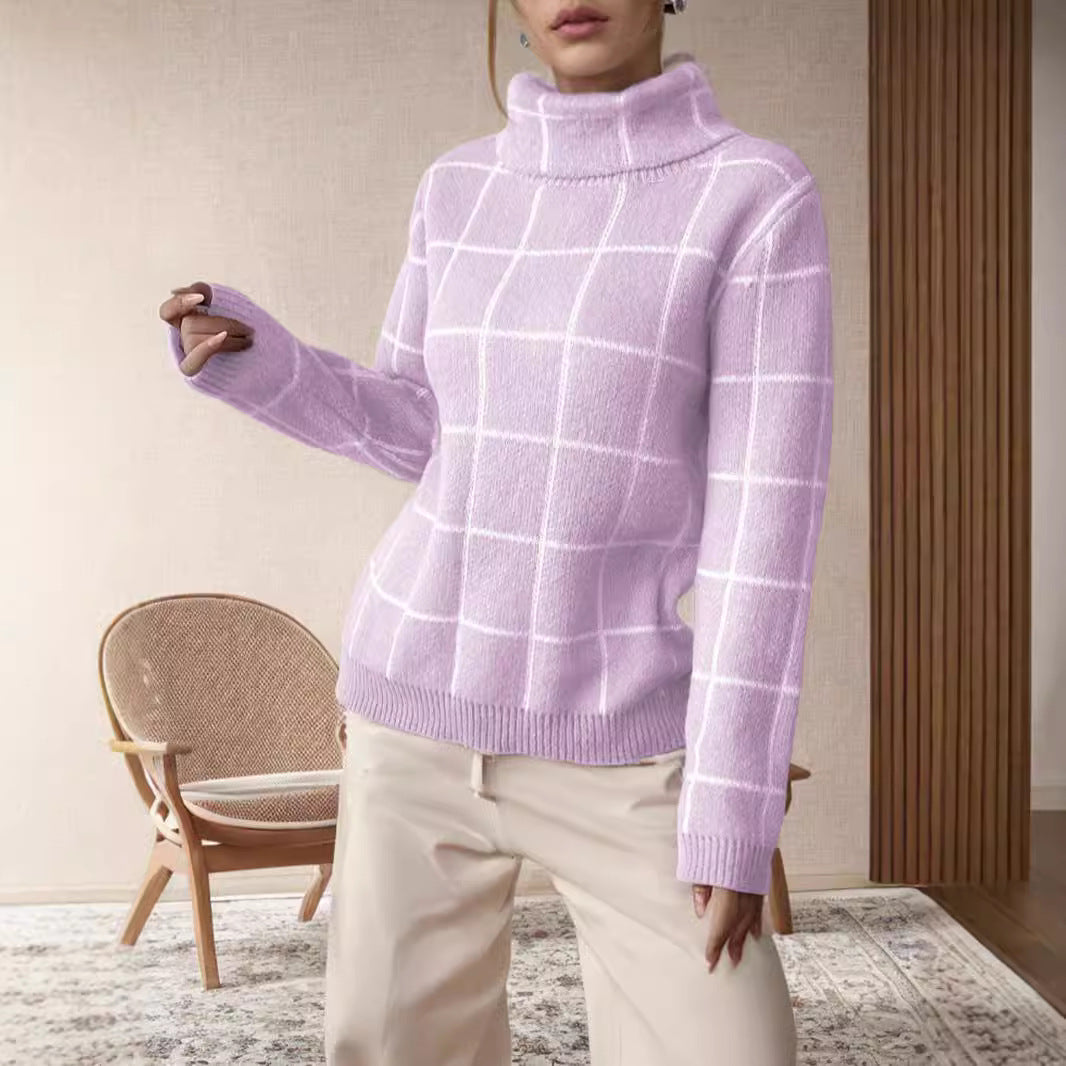 Pull en gros tricot pour femmes avec un motif à carreaux moderne et un col montant Chic und Stil