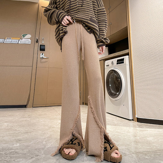 Ladies Elegant Pants with High Side Slits and Chic Fringed Finishes and Style