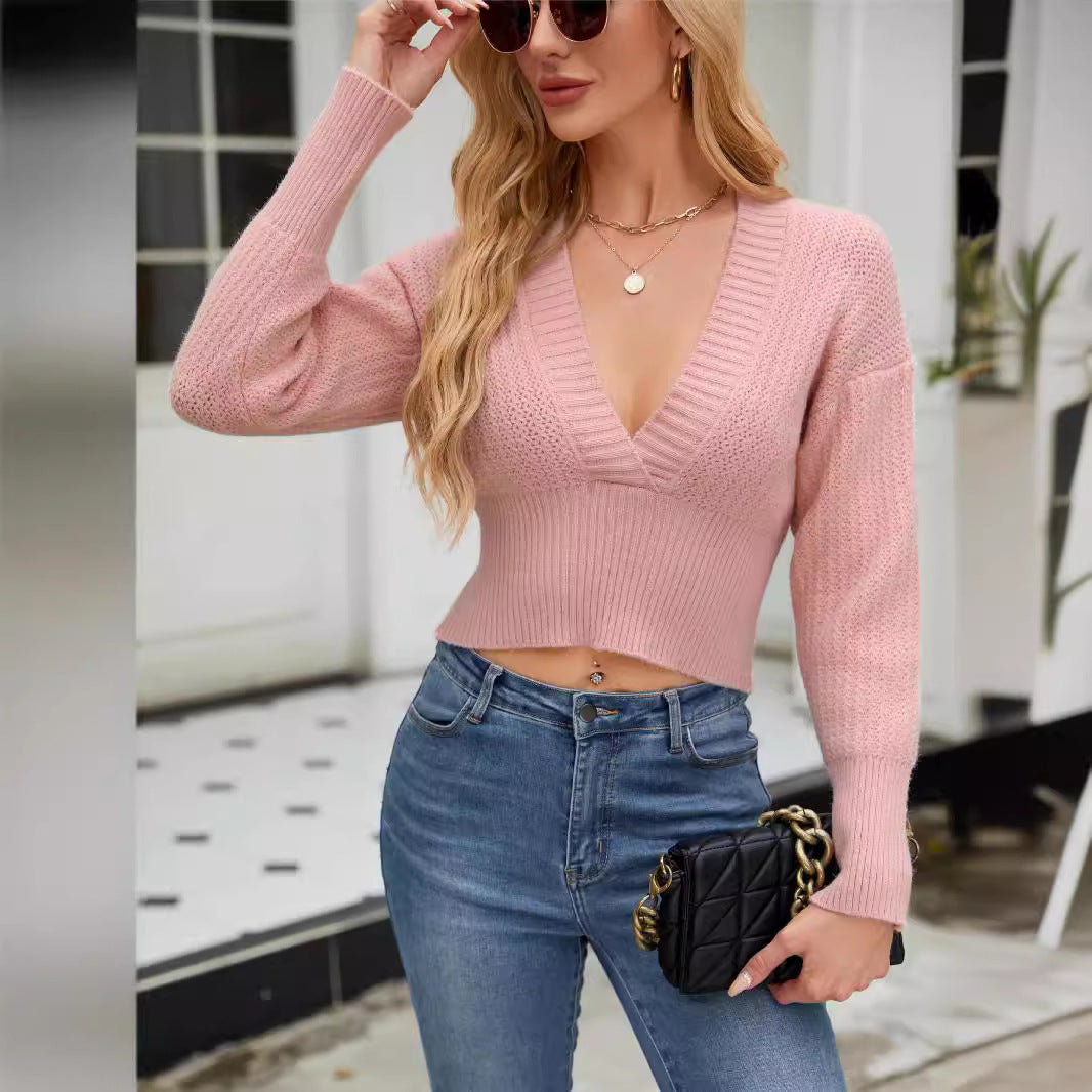 Pull en tricot cropped à col en V profond et manches larges pour femmes Chic und Stil