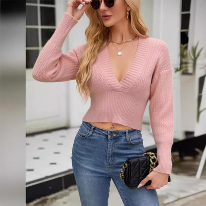 Pull en tricot cropped à col en V profond et manches larges pour femmes Chic und Stil