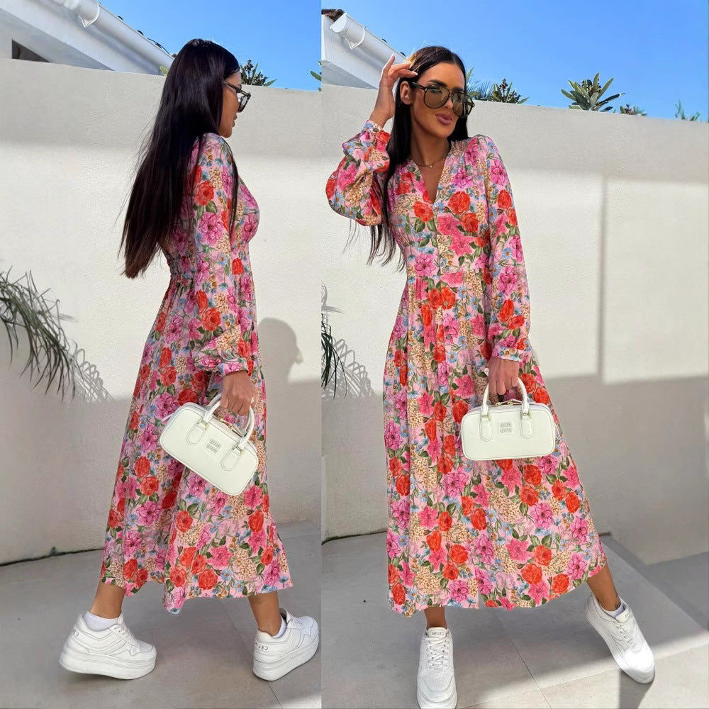 Robes maxi élégantes pour femmes avec motifs floraux et détails de boutons Chic und Stil