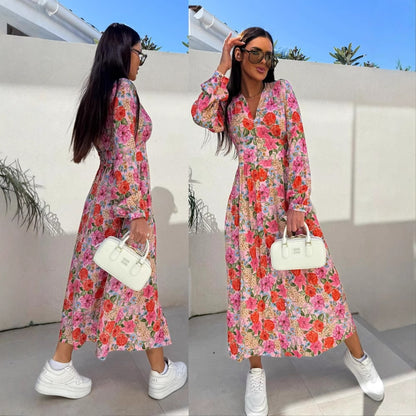 Robes maxi élégantes pour femmes avec motifs floraux et détails de boutons Chic und Stil