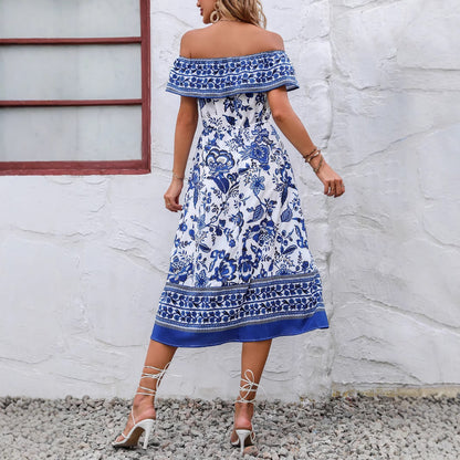 Robe maxi d'été pour femme avec un design dénudé des épaules ludique et un motif floral Chic und Stil