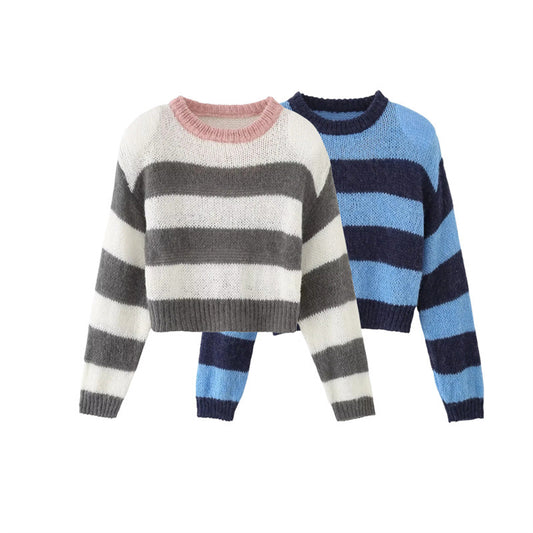 Pull en tricot court pour femmes avec motif rayé marin et col rond Chic und Stil