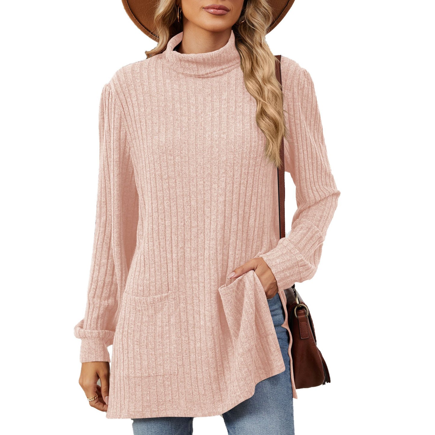 Dames élégant haut en maille structurée avec col montant et poches latérales Chic und Stil