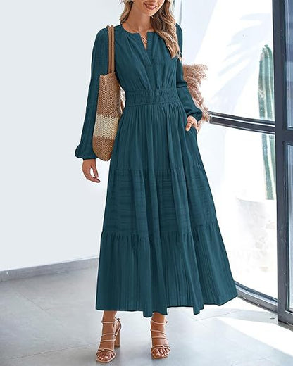 Robe maxi pour femmes avec des manches élégantes et un élastique à la taille raffiné Chic und Stil