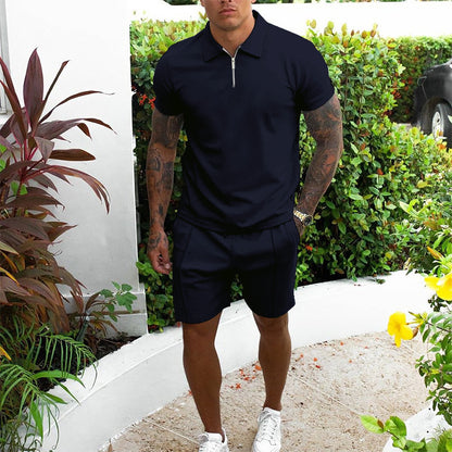 Hommes Freizeit-Zip-Up Polo et Shorts Set Chic und Stil