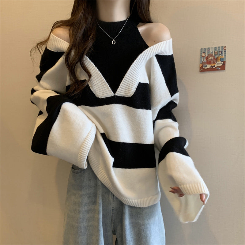 Ladies Oversized V-neck Pullover with trendy striped pattern and open shoulder design Chic and Style
