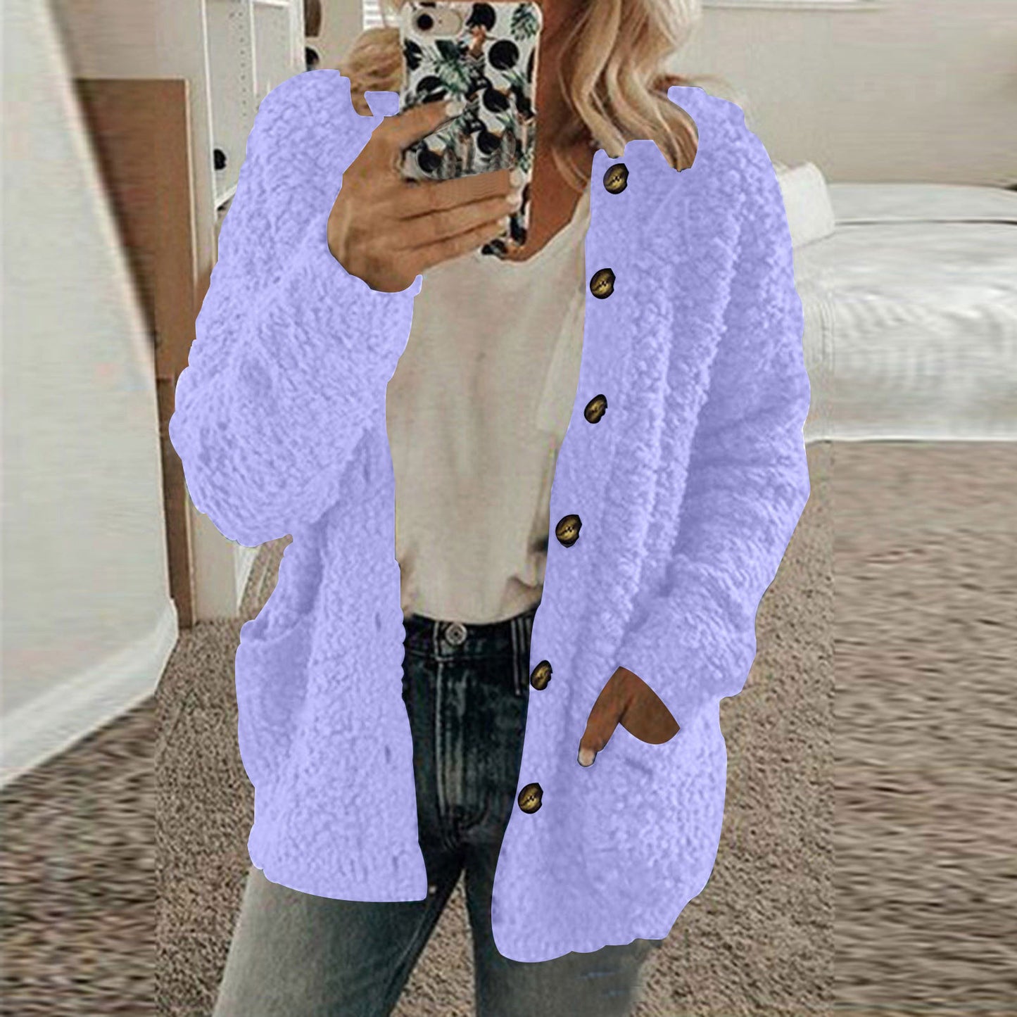 Dames Douillette Veste en Fleece en Peluche avec Poches Pratiques Chic und Stil