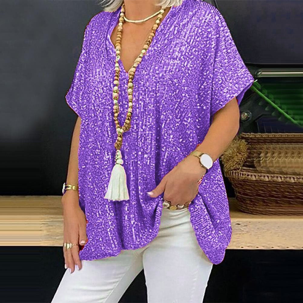 T-Shirt tunique paillettes glamour pour femmes avec décolleté en V Chic und Stil