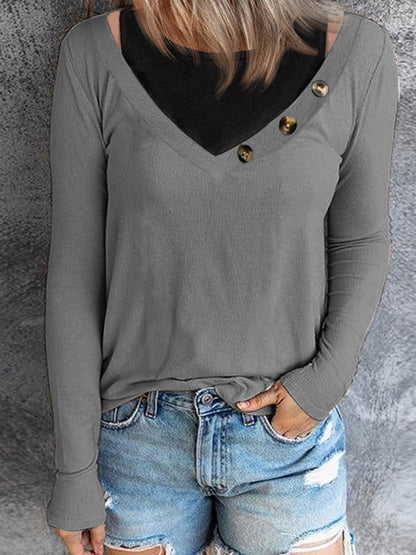 T-shirt à manches longues pour femmes avec décolleté en V et détails de boutons Chic und Stil