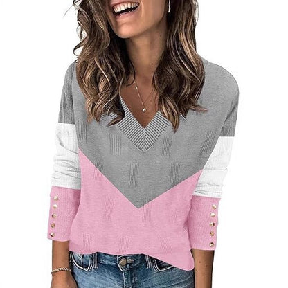 Pull à col en V tendance pour femmes avec bloc de couleur et détails de boutons Chic und Stil