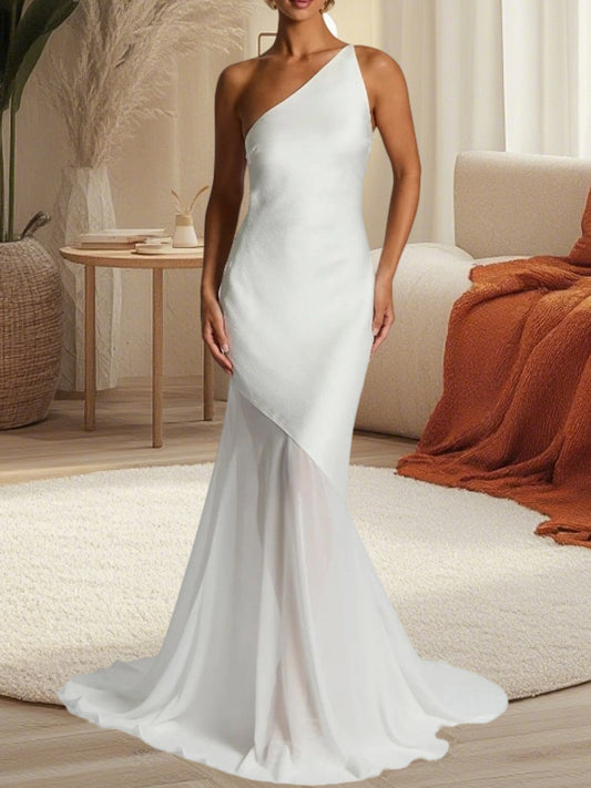 Robe maxi à une épaule pour femmes avec jupe fluide Chic und Stil