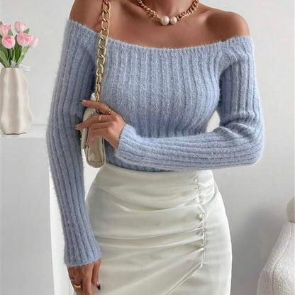 Dame Pull-over en maille off-shoulder avec structure en côtes fines et manches longues Chic und Stil
