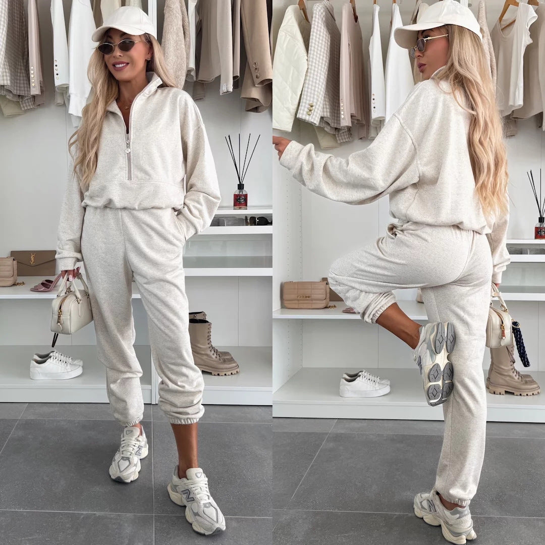 Dames Ensemble décontracté confortable avec demi-fermeture éclair et taille élastique Chic und Stil