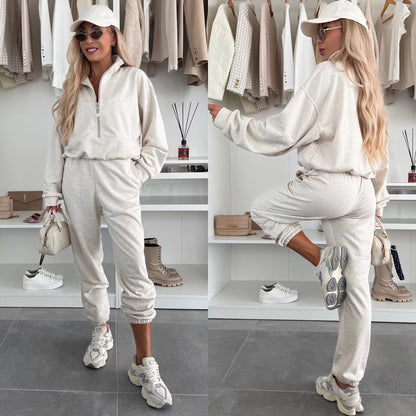 Dames Ensemble décontracté confortable avec demi-fermeture éclair et taille élastique Chic und Stil